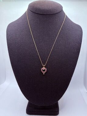 Vintage 925 Sterling Vermeil Heart Pendant Necklace Pink Sapphire Diamond 17”